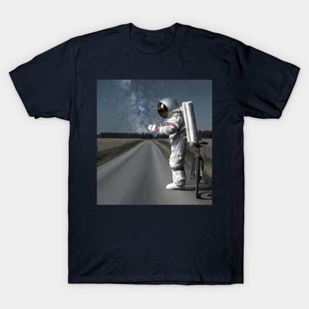 Astronaut With Bicycle On Road T-Shirt by KoumlisArt